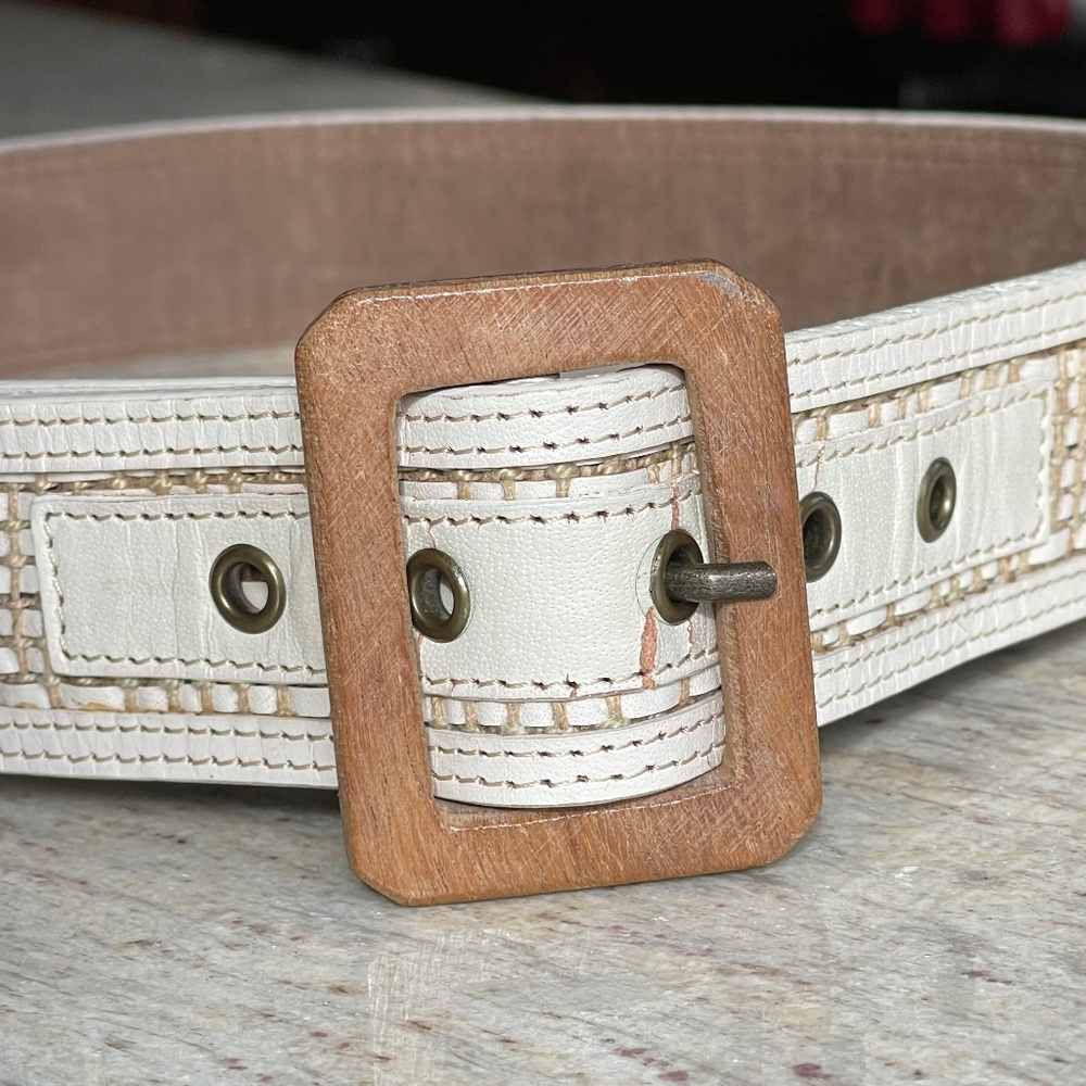 Cream Leather Belt with Woven Inlay